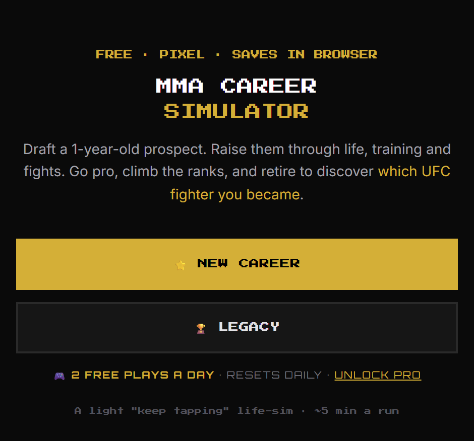 MMA Career Simulator start screen with New Career, Continue and Legacy options