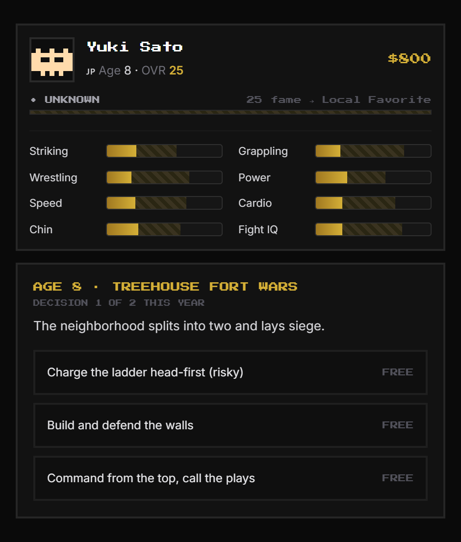 Amateur life event offering training choices, each showing which stats it raises