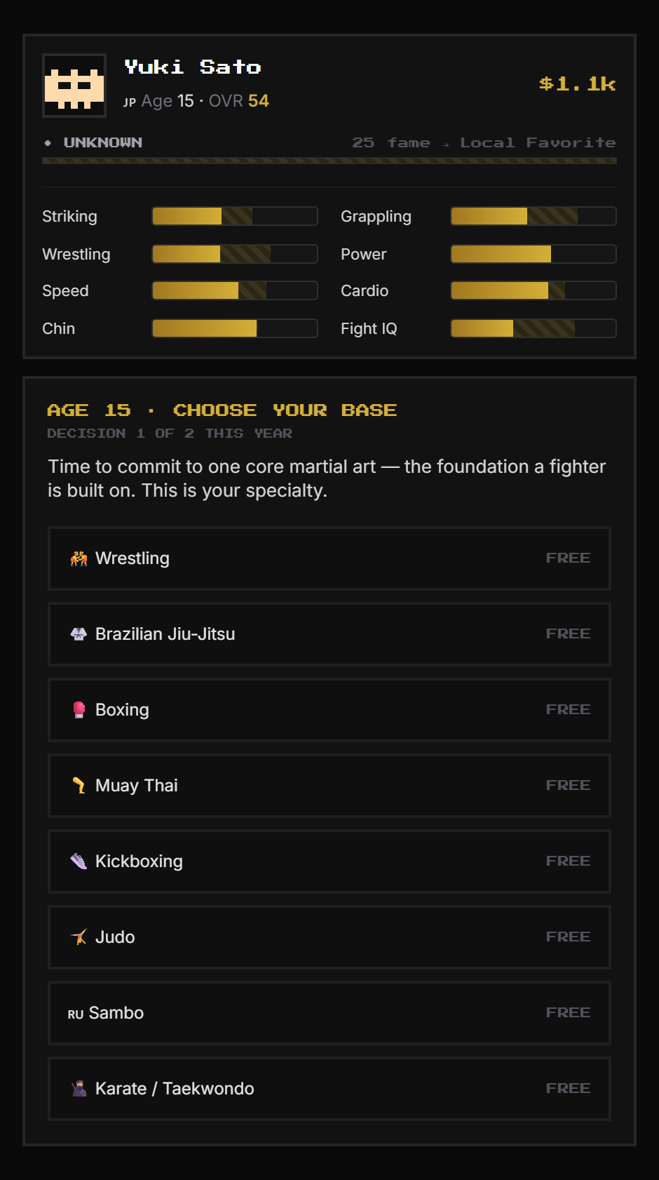 Choose your base screen listing Wrestling, BJJ, Boxing, Muay Thai and more