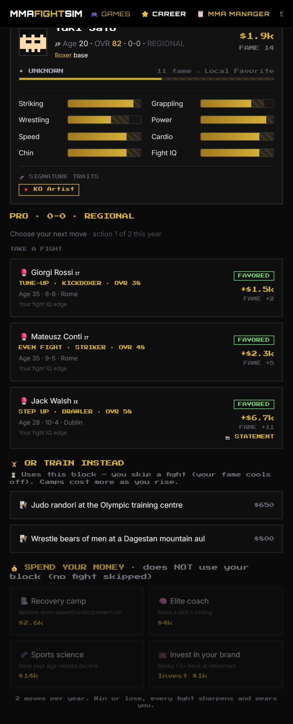 Pro dashboard listing available opponents with odds, training options and money options