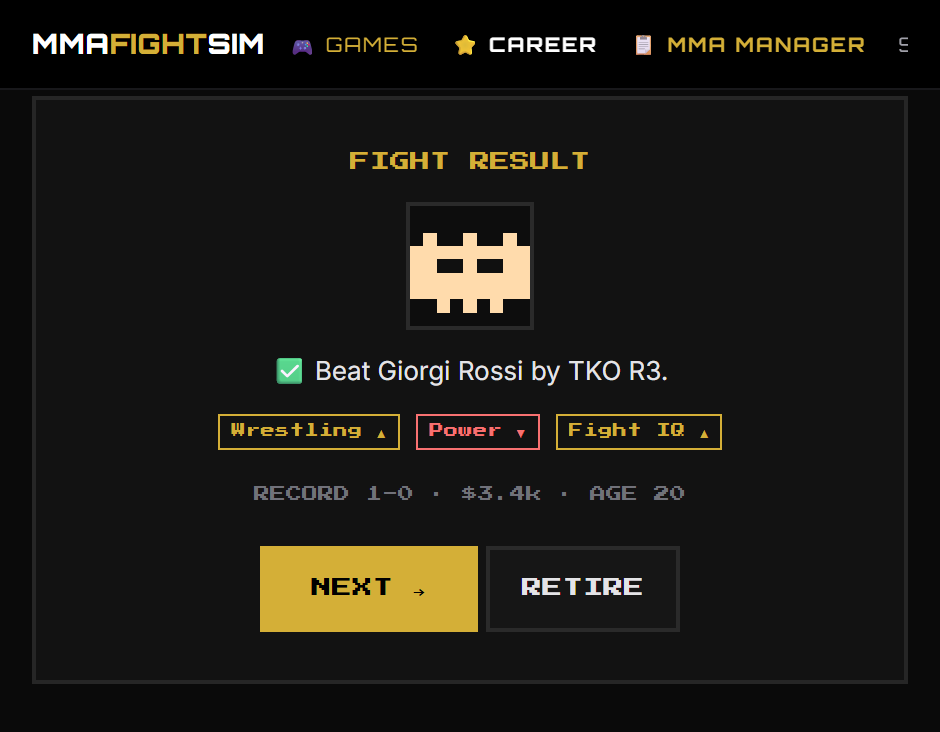 Fight result screen showing the win and stat changes
