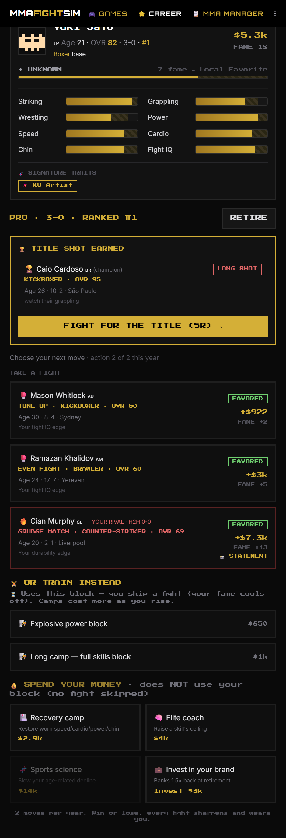 Pro hub showing the earned title shot card against the champion