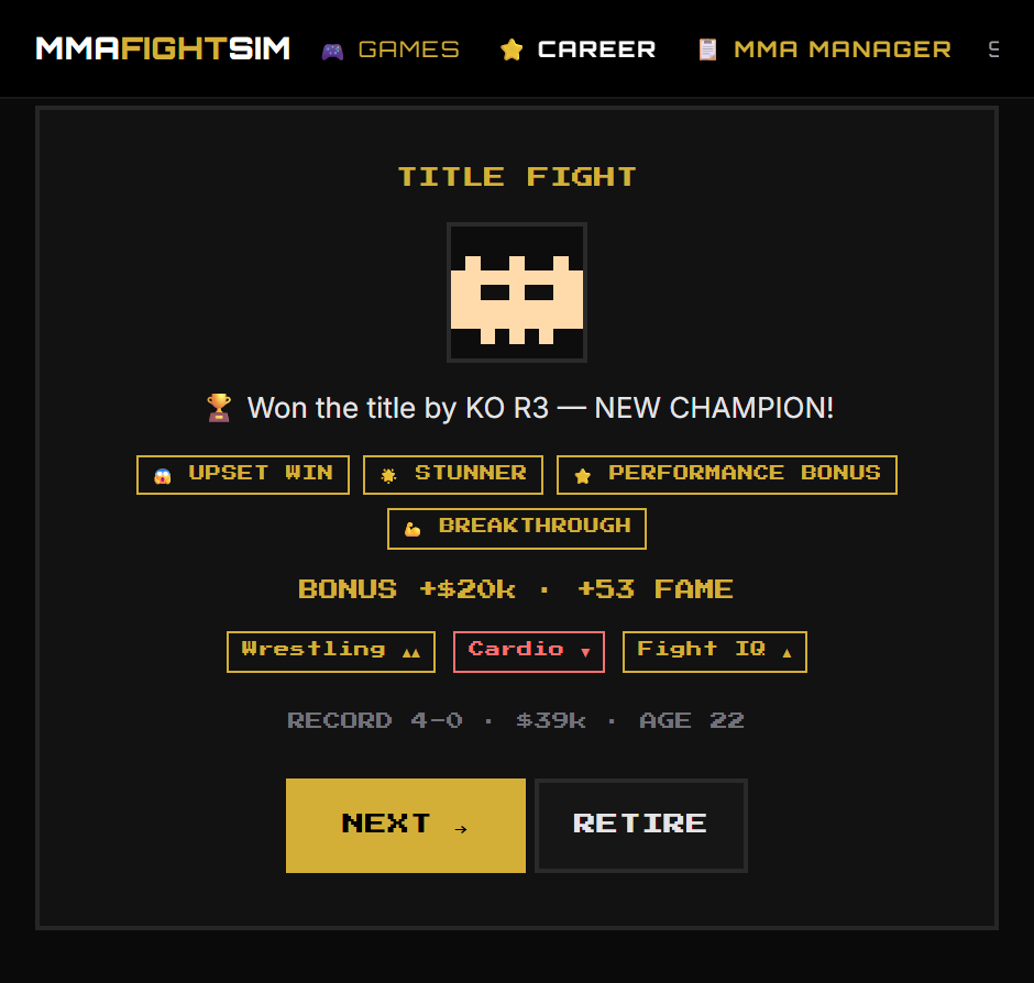 New champion screen, won the title by KO with bonus splashes