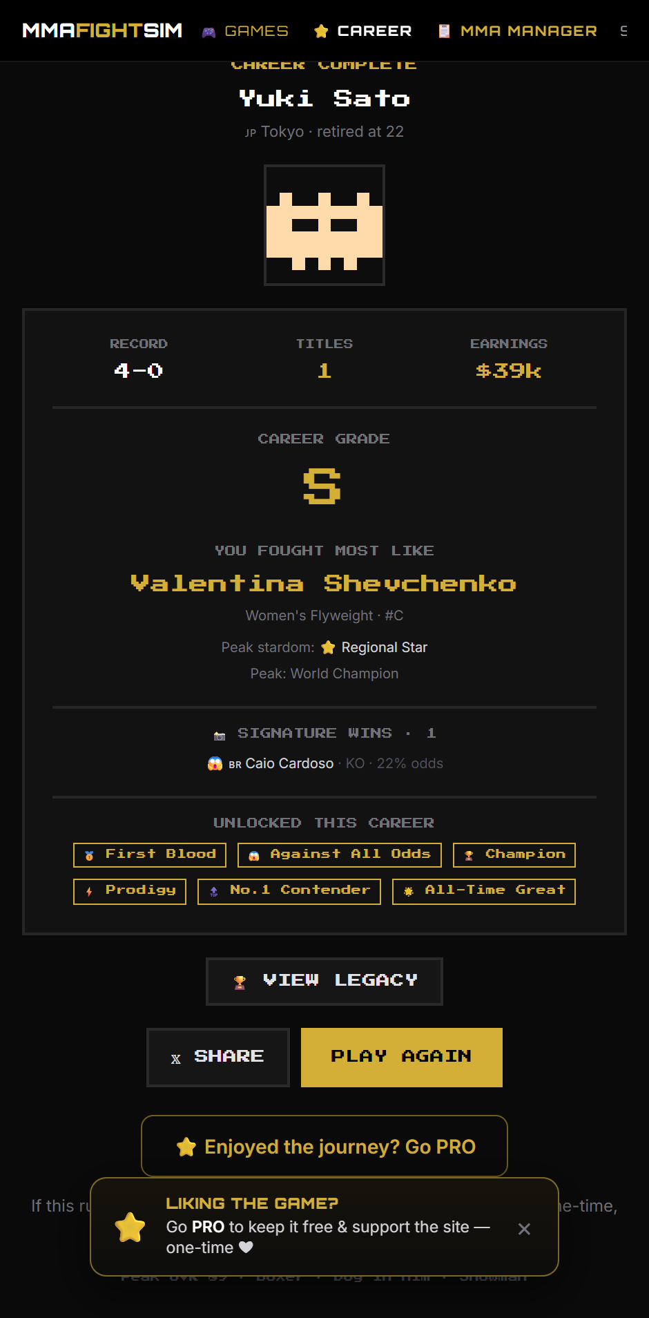 Career legacy screen showing a grade, world champion status and the real fighter comparison