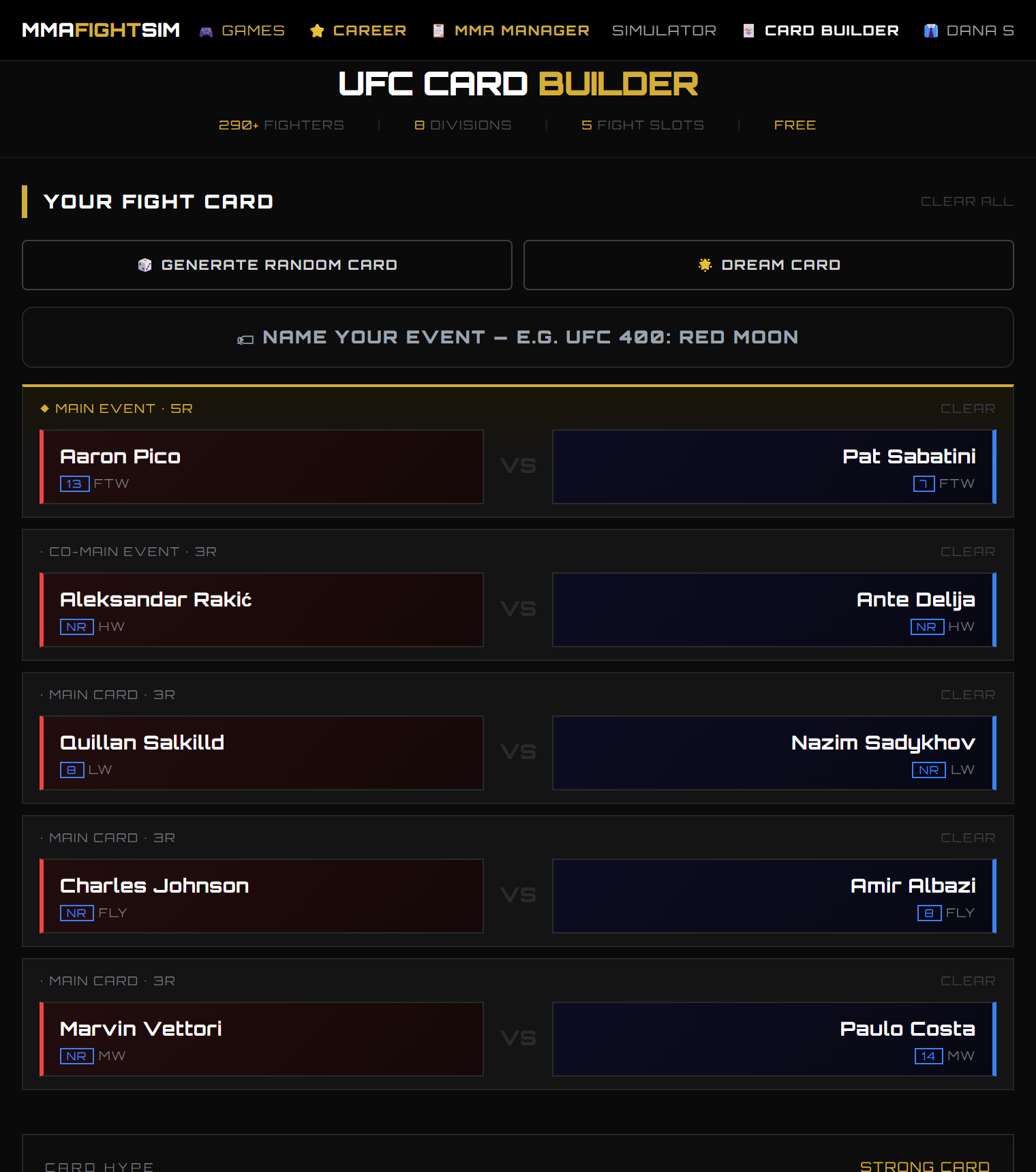 UFC card builder game with five fight slots and simulate button