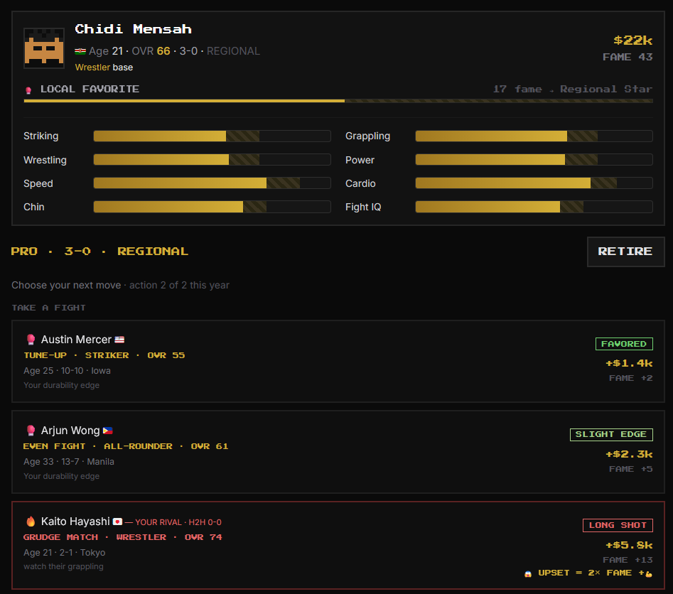 MMA Career Simulator pro fight, picking an opponent and taking a fight