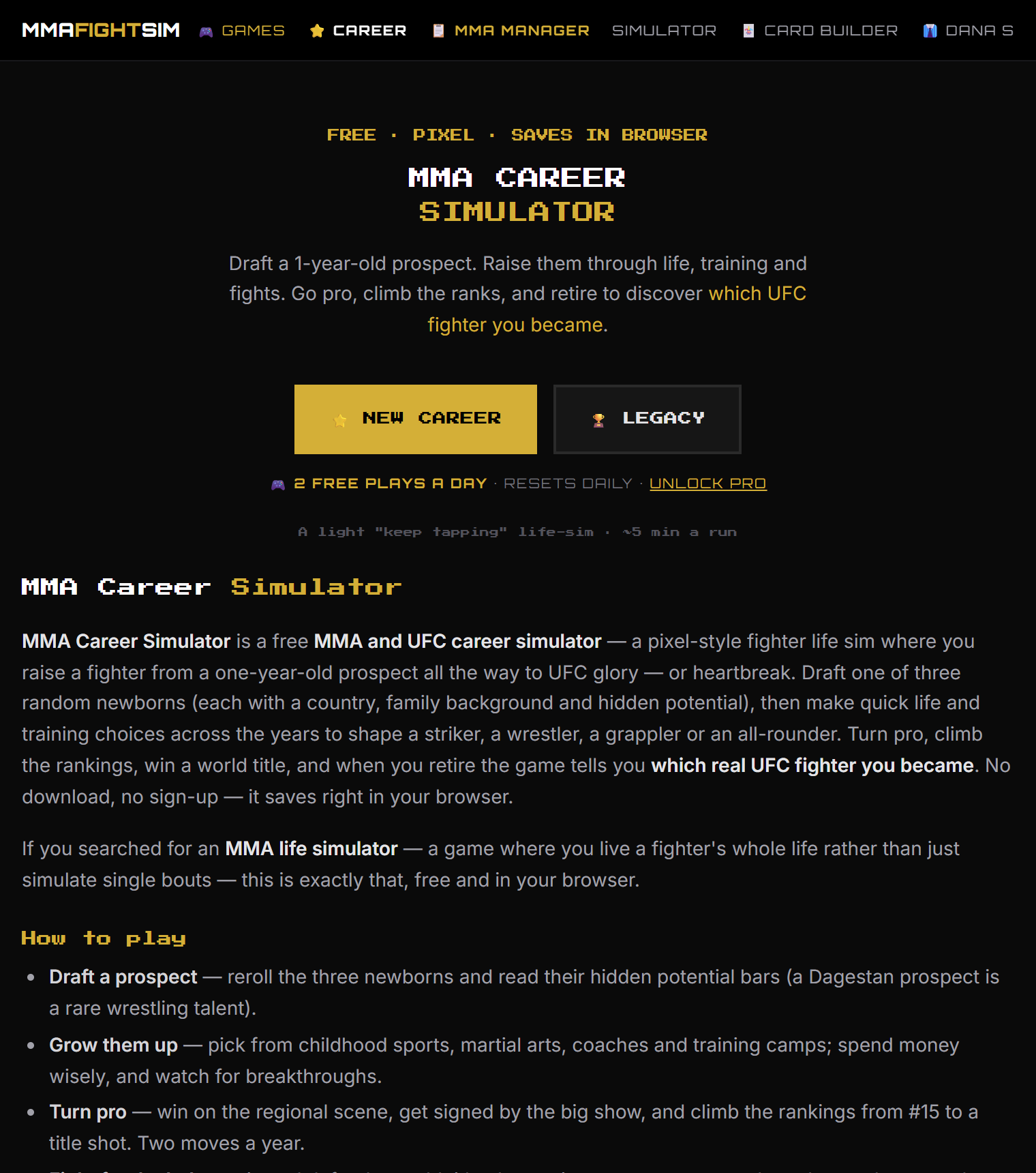 MMA Career Simulator start screen, a free UFC fighter life sim