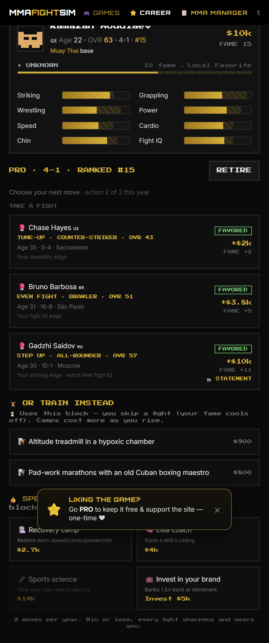 Pro dashboard showing a ranked contender's record