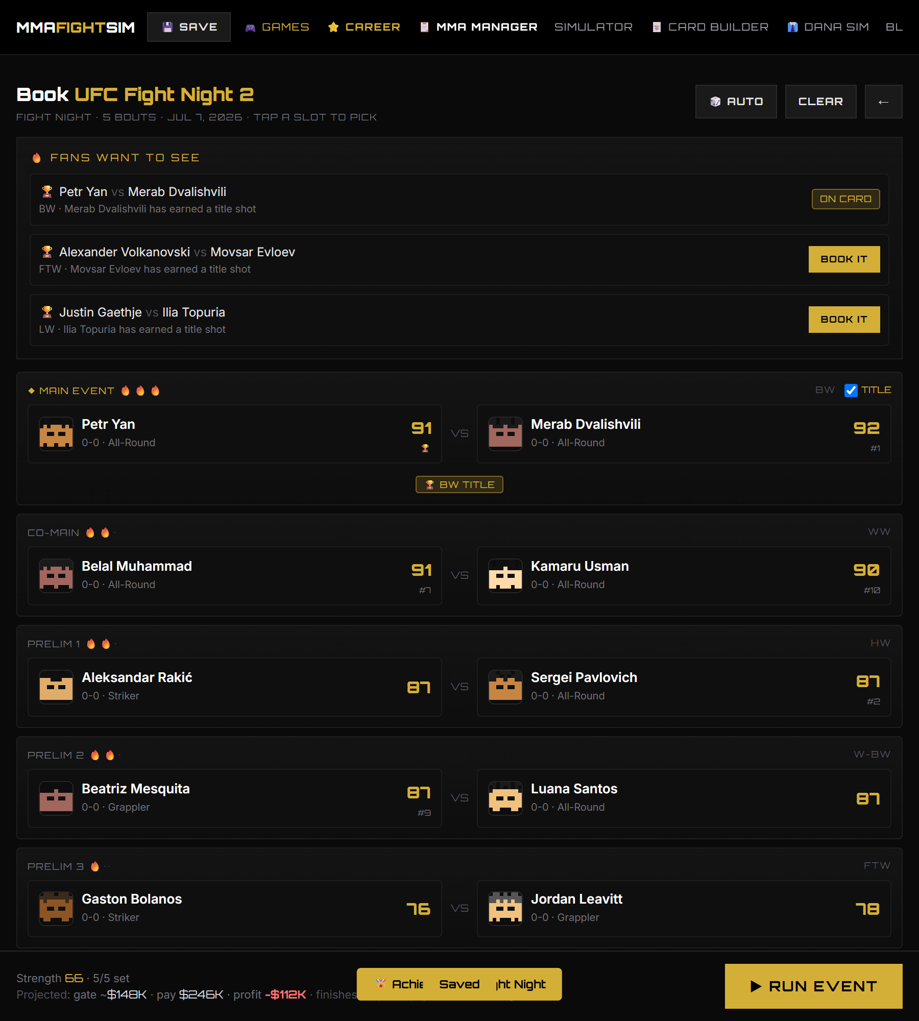 Booking screen in MMA Manager Simulator with fan-demanded fights