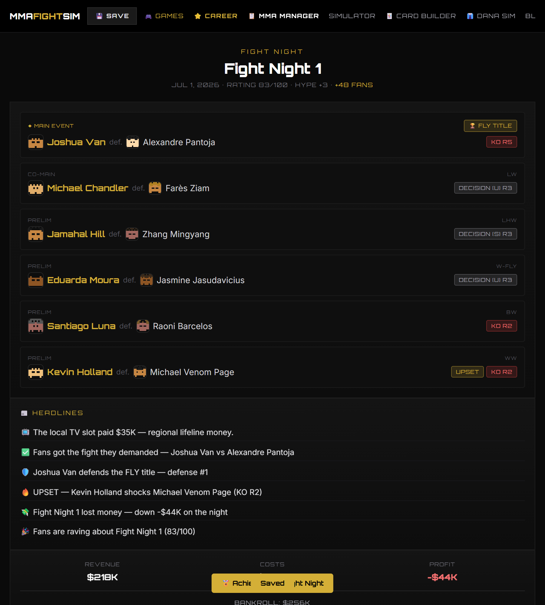 Fight card results screen in MMA Manager Simulator