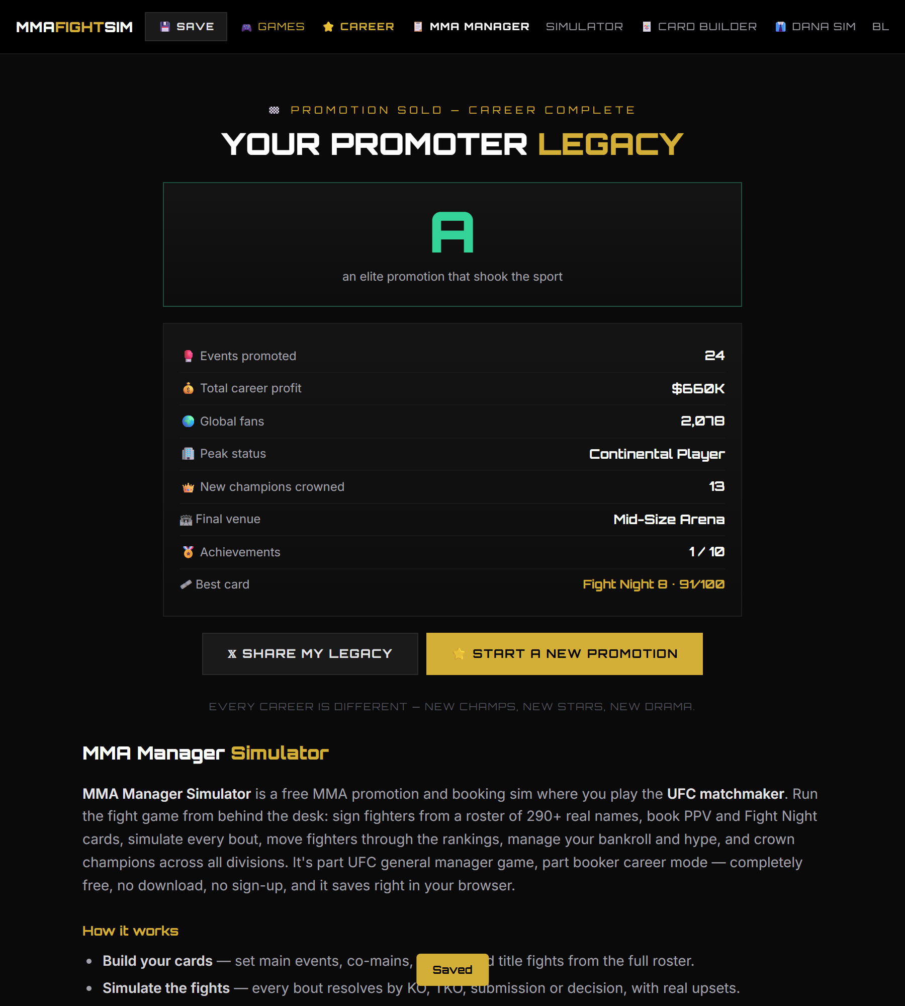 Promoter legacy screen with an A grade after 24 events