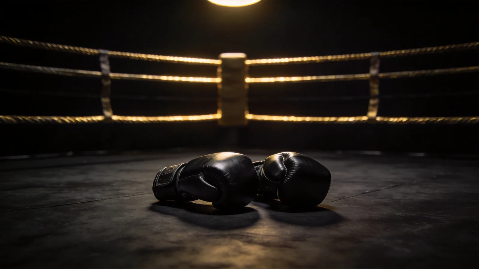 Boxing gloves resting on the canvas of an empty, dimly lit ring