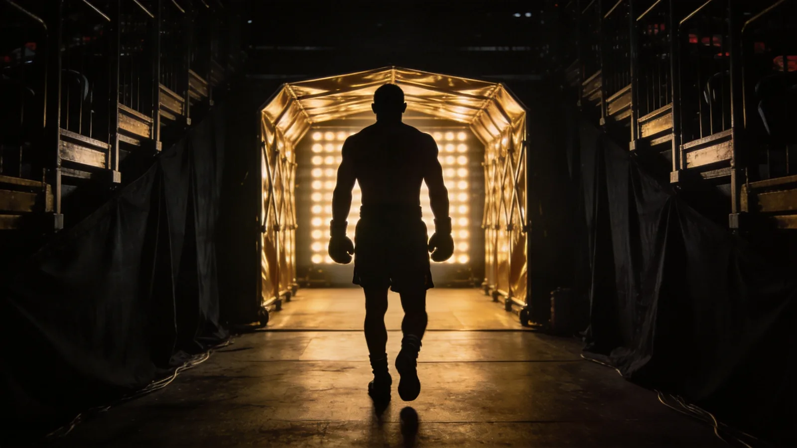 A fighter's silhouette walking down a dark tunnel towards the lights of the arena